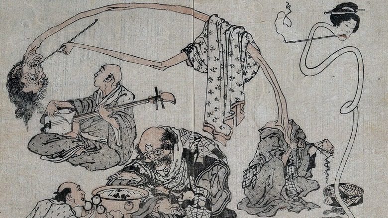 Japanese yokai hanging out with monks