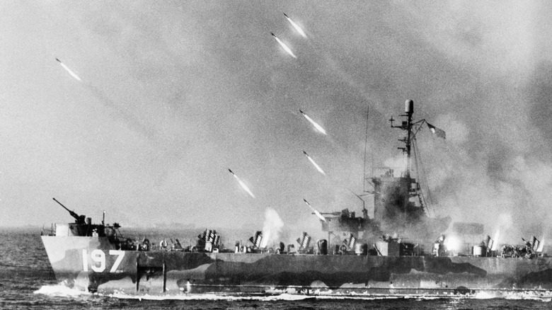 U.S. ship firing rockets