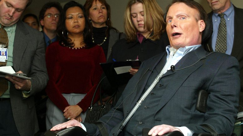 Christopher Reeve suit wheelchair speaking to reporters