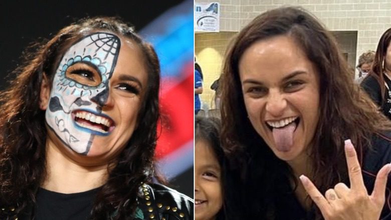 Thunder Rosa laughing face paint or throwing horns