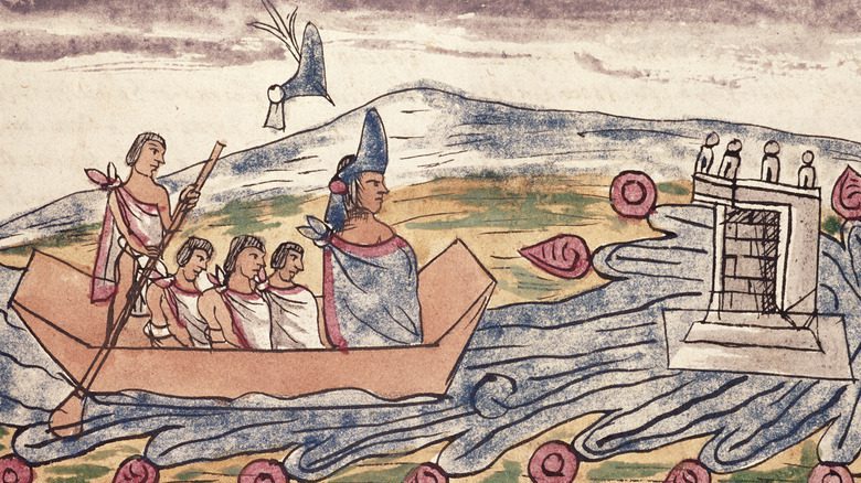 Peinture de Moctezuma II ramant à travers un lac dans une barque