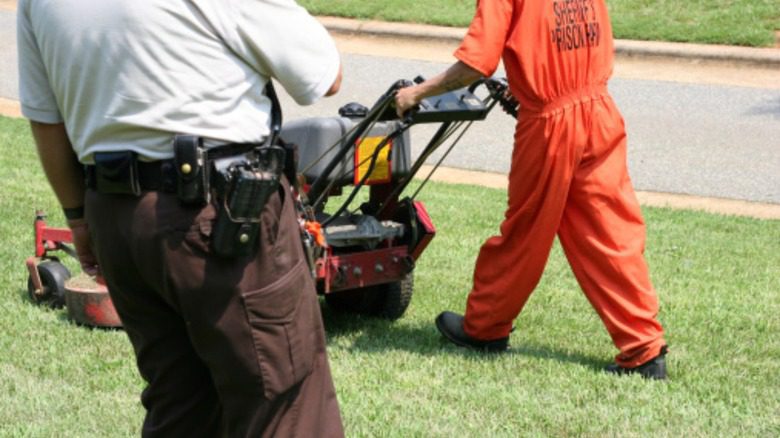 A prisoner using a lawnmower