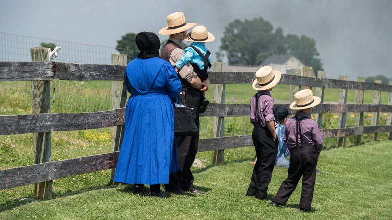 famille amish debout à côté d'une clôture