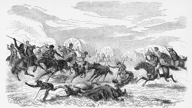 Illustration de batailles avec des chevaux et des chariots