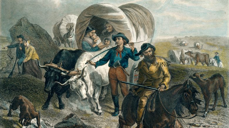 Explorateur américain avec des chevaux et des chariots illustration