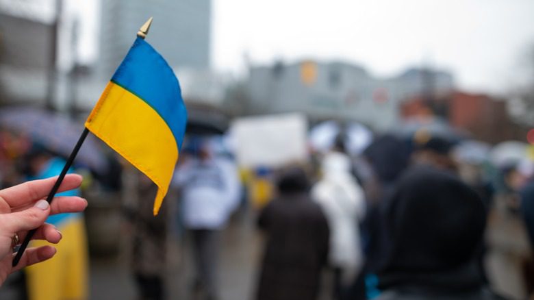 Drapeau ukrainien agité par un supporter