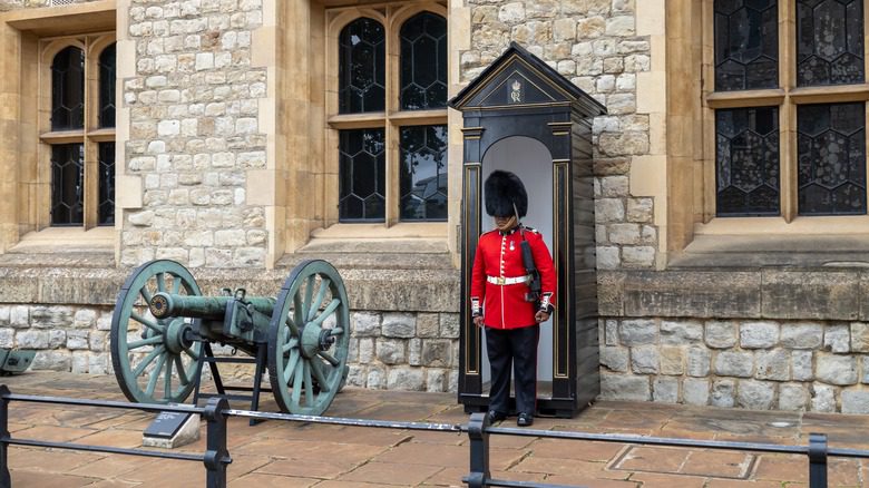 Garde militaire britannique se tenant près d'un canon