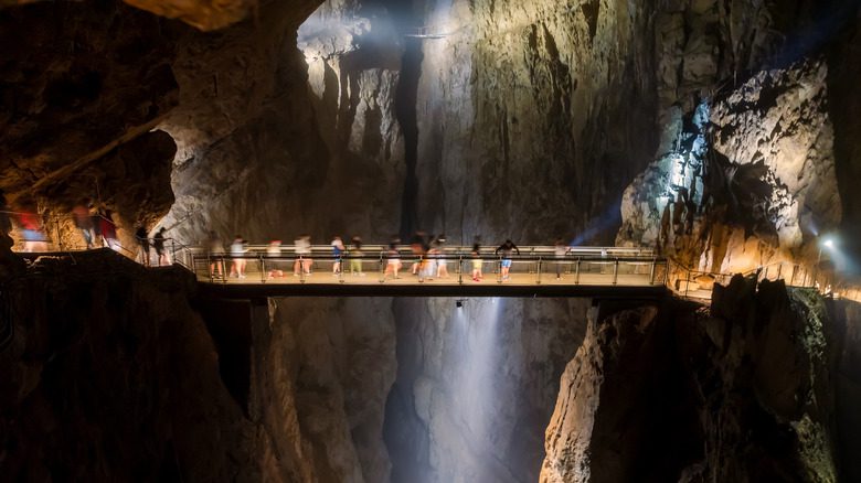 Personnes traversant un gouffre sur un pont aux Caves de Skocjan