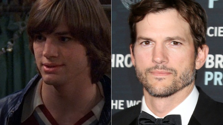 Ashton Kutcher as Kelso on That '70s Show, staring into camera with stubble 2020s tuxedo