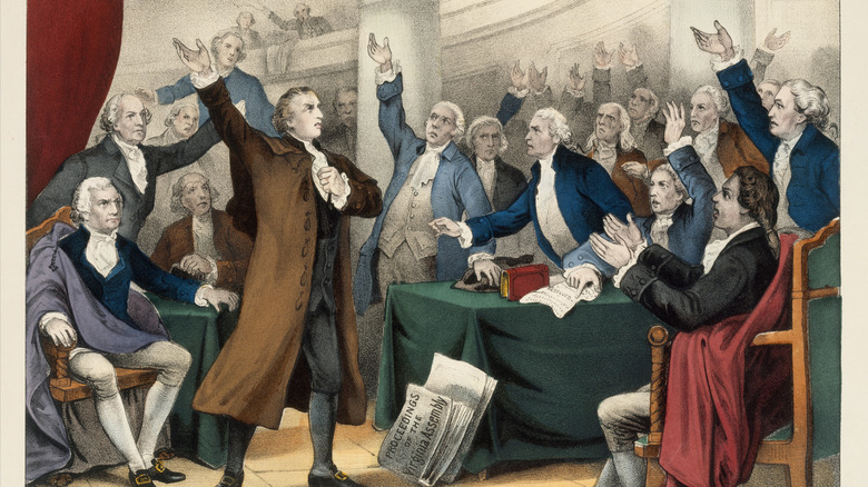 Patrick Henry delivering speech on the Rights of the Colonies, before the Virginia Assembly March 23rd, 1775