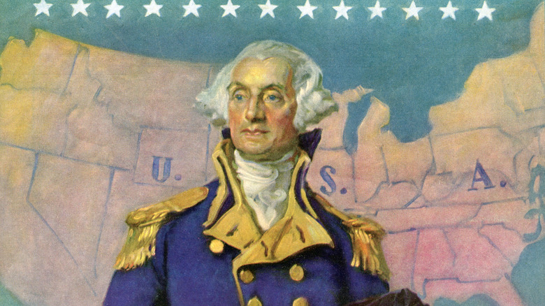 George Washington à cheval devant une carte des États-Unis.