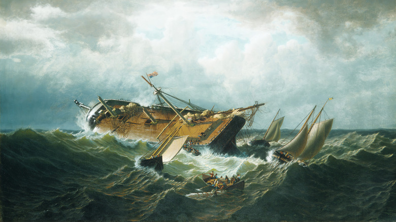 Peinture d'un navire coulant dans une tempête au large de Nantucket.