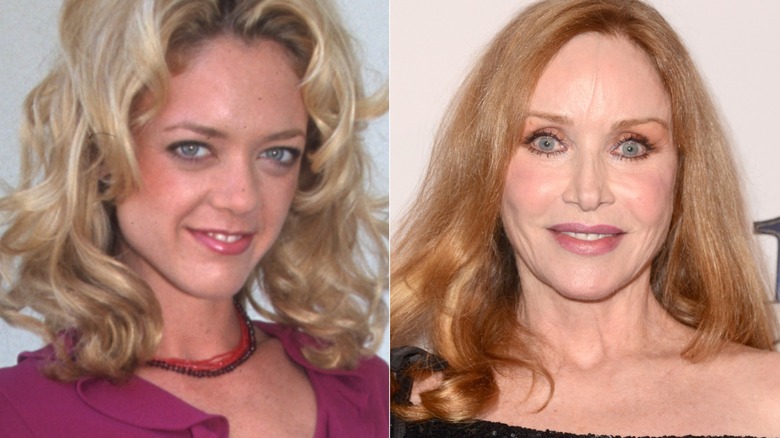 Lisa Robin Kelly dans une photo de presse des années 90, Tanya Roberts dans les années 2010 regardant la caméra avec des cheveux roux