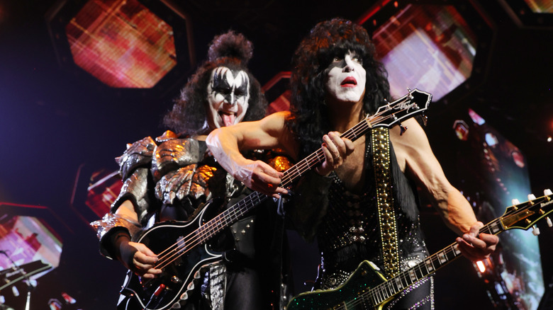 Kiss' Gene Simmons and Paul Stanley playing live on stage at Madison Square Garden in 2023