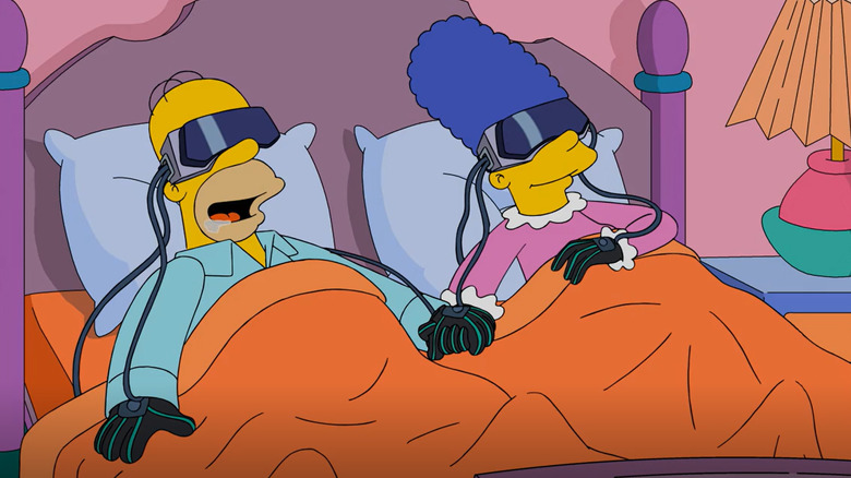 Homer et Marge Simpson portant des casques de réalité virtuelle dans Les Simpsons