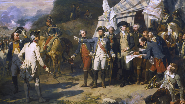 Siège de Yorktown. Le général Rochambeau et le général Washington donnent les dernières ordres avant une attaque, octobre 1781