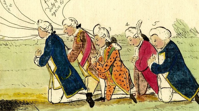 Illustration satirique de 1778 représentant les membres de la Commission Carlisle s'agenouillant devant la personnification de l'Amérique