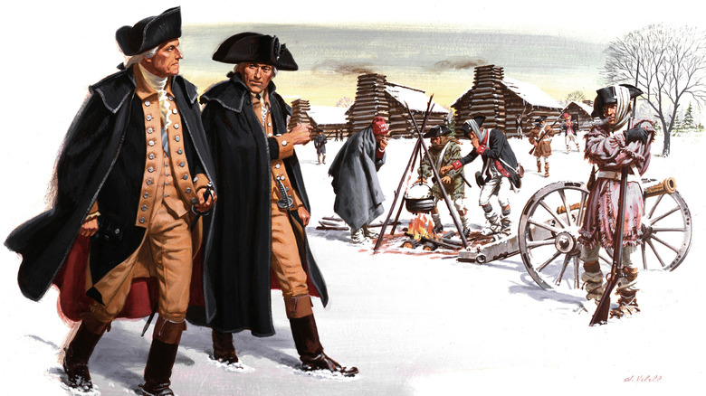 Peinture représentant George Washington inspectant des troupes en janvier 1778 à Valley Forge