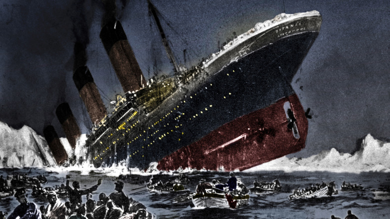 Illustration du naufrage du Titanic avec des canots de sauvetage et des icebergs