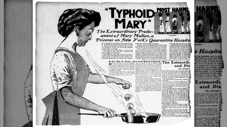 Une représentation de journal de 'Typhoid Mary' cuisinant avec des œufs qui ressemblent à des crânes