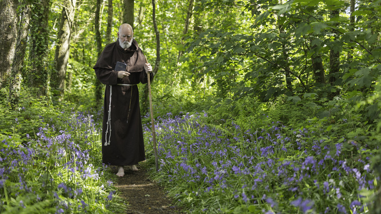 moine pieds nus sur un chemin dans les bois parmi les fleurs