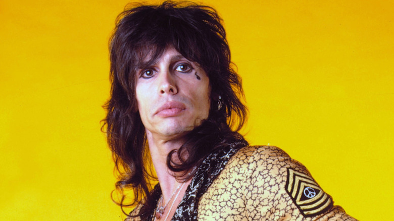 Steven Tyler posant devant un fond jaune
